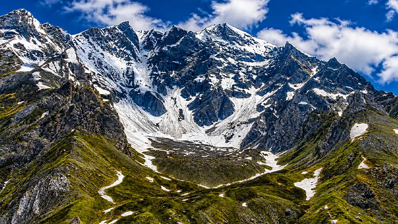 Snow covered Adi Kailash mountain range in the Kumaon Himalayas