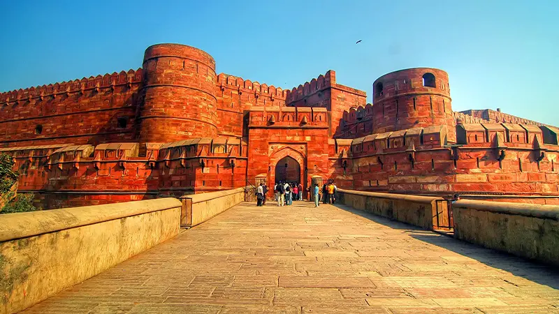 Historic red sandstone entrance of Agra Fort in Uttar Pradesh