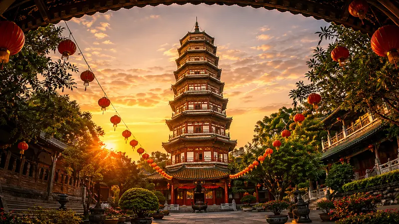 Ancient Chinese Pagoda Guangzhou Sunset