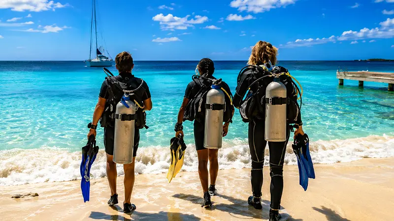 Tourists preparing for scuba diving on an Andaman beach