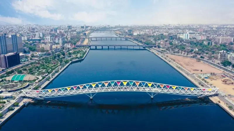 Colorful Atal Footbridge across the Sabarmati Riverfront in Ahmedabad Gujarat