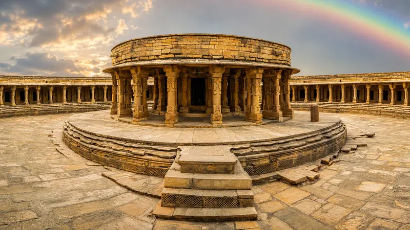 Ancient circular pavilion surrounded by stone colonnades and open courtyards