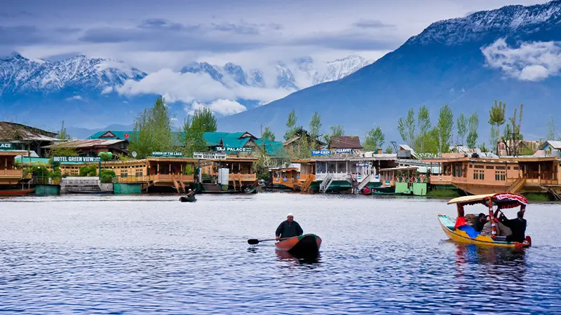 Traditional houseboats and shikaras on Dal Lake in Srinagar