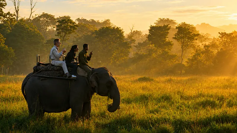Tourists enjoying an elephant safari at sunrise in Kaziranga National Park Assam