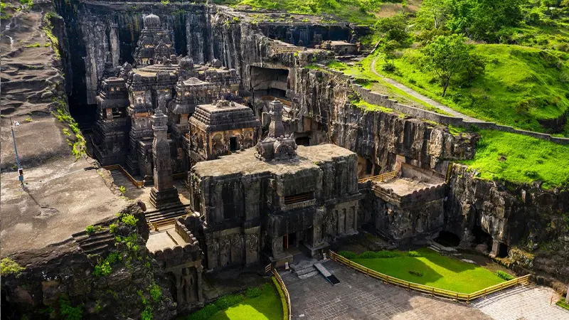 Aerial view of the ancient rock-cut Ellora Cave complex