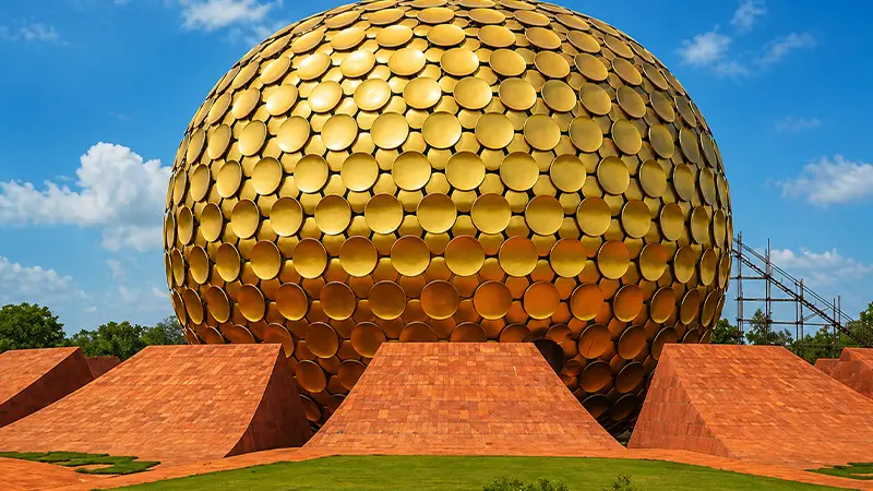 Golden meditation sphere surrounded by landscaped gardens and pathways