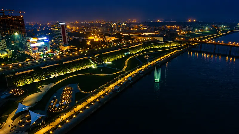 Illuminated Riverfront Urban Park