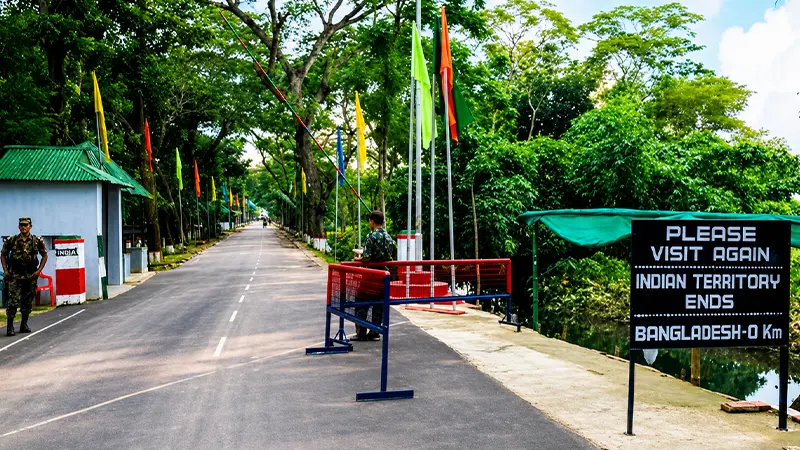 International frontier viewpoint surrounded by forests near Tripura border region