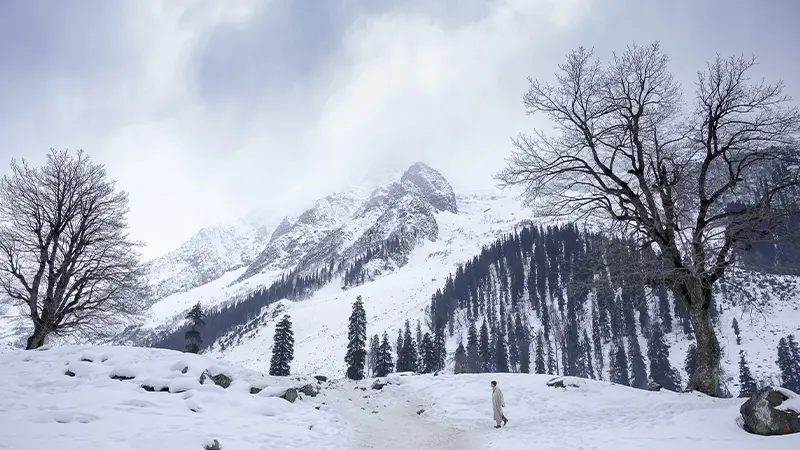 Snow-covered mountain valley in Kashmir during winter