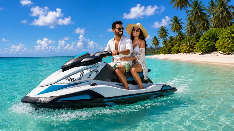 Couple enjoying a jet ski ride in the turquoise waters of Lakshadweep