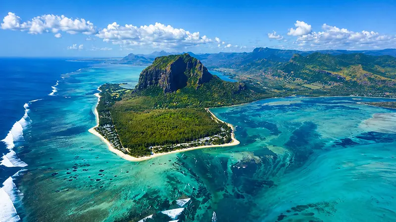 Aerial view of Le Morne Brabant and turquoise lagoon in Mauritius – Fun Filled Mauritius Tour