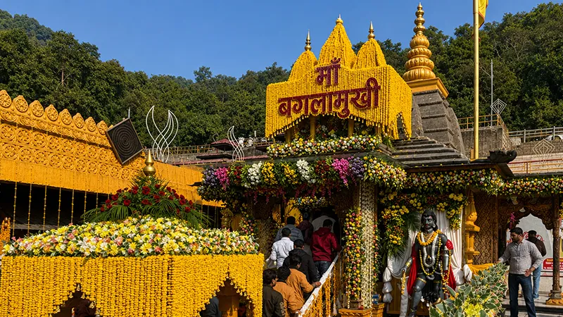 Maa Baglamukhi Temple decorated with flowers in Himachal Pradesh