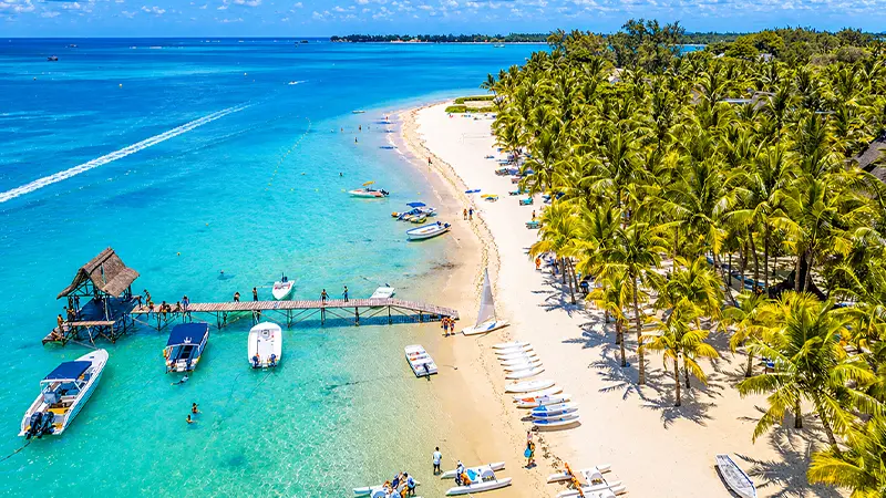 Tropical beach with palm trees and crystal-clear water in Mauritius