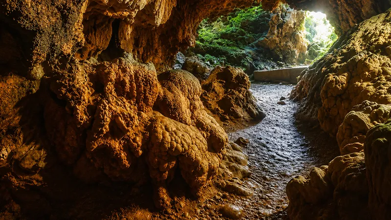Natural limestone cave formation in Meghalaya with rocky interiors