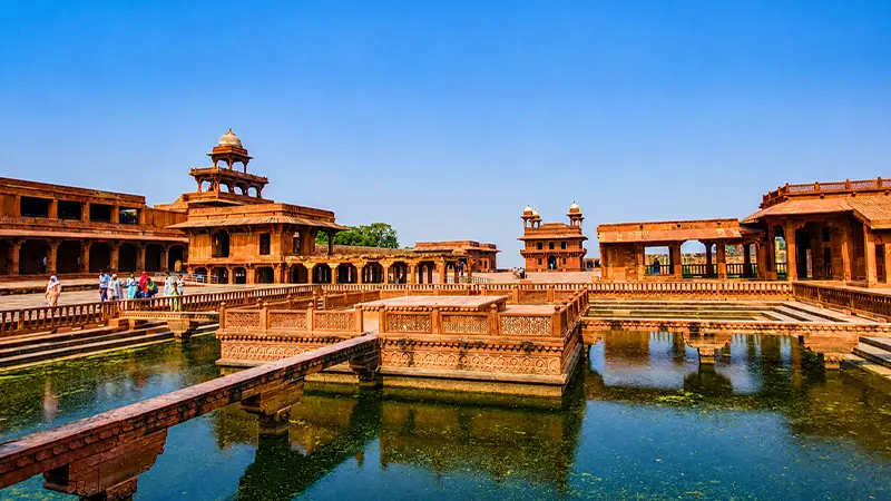 Historic Mughal garden and water channels at Mehtab Bagh in Agra