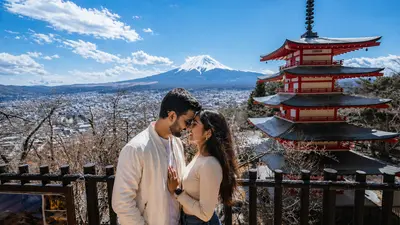 Couple at Chureito Pagoda with Mount Fuji