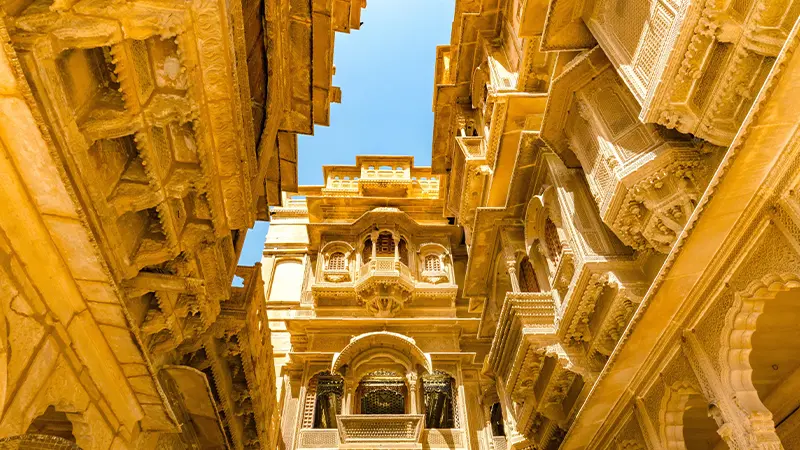 Intricate sandstone carvings at Patwon Ki Haveli in Jaisalmer