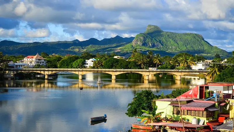 Scenic view of Port Louis waterfront and mountains in Mauritius