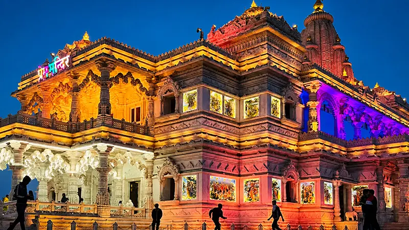 Prem Mandir beautifully illuminated with colorful lights in Vrindavan