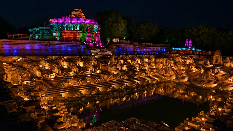 Illuminated night view of Rani Ki Vav UNESCO World Heritage Site in Patan Gujarat