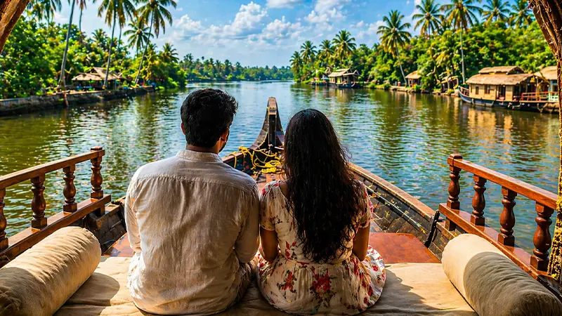 Couple enjoying a romantic cruise through palm-lined waterways