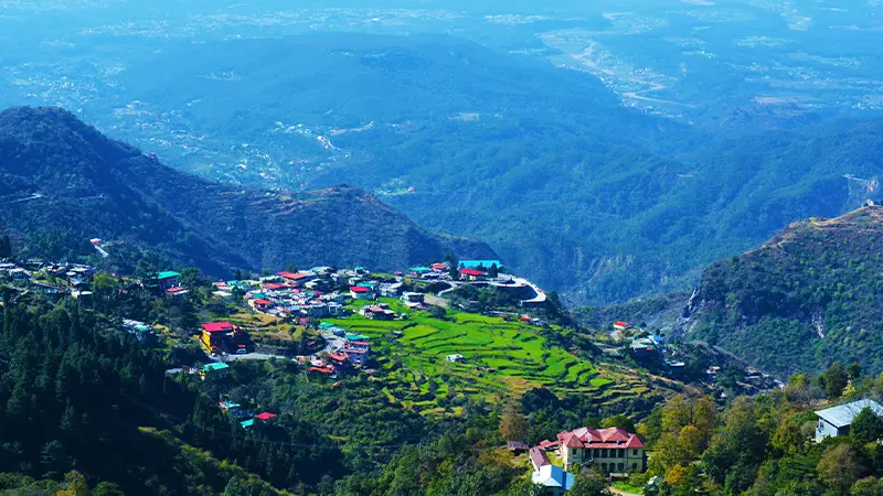 Picturesque terraced fields and hill settlements surrounded by mountains