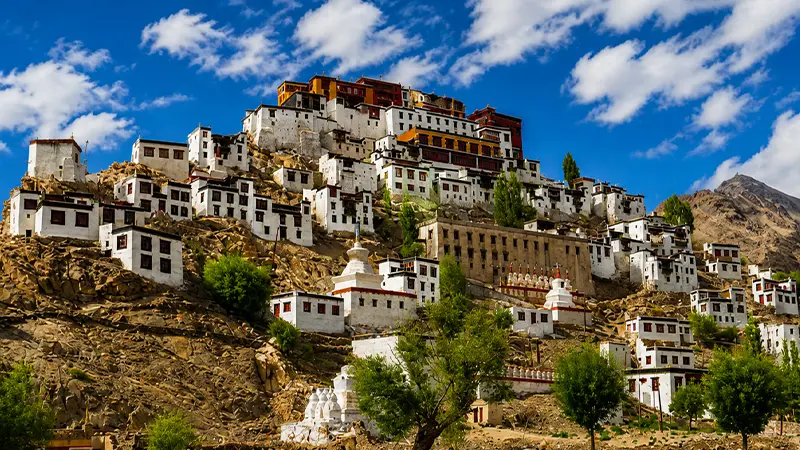 Panoramic view of Thiksey Monastery on a hillside in Leh