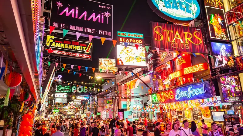 Vibrant Walking Street nightlife in Pattaya Thailand