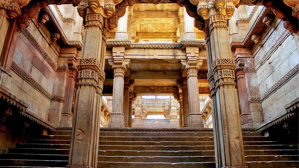 Intricately carved interior of the historic Adalaj Stepwell