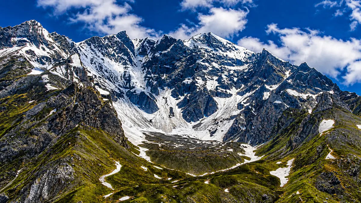 Snow covered Adi Kailash mountain range in the Kumaon Himalayas