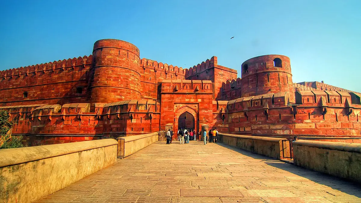 Historic red sandstone entrance of Agra Fort in Uttar Pradesh