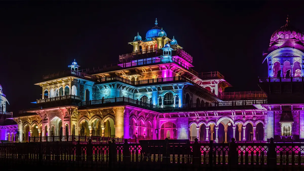 Illuminated Albert Hall Museum at night in Jaipur Rajasthan