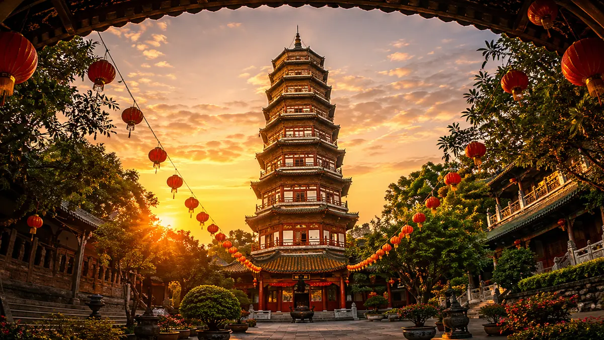 Historic multi-storey Chinese pagoda illuminated during sunset in Guangzhou