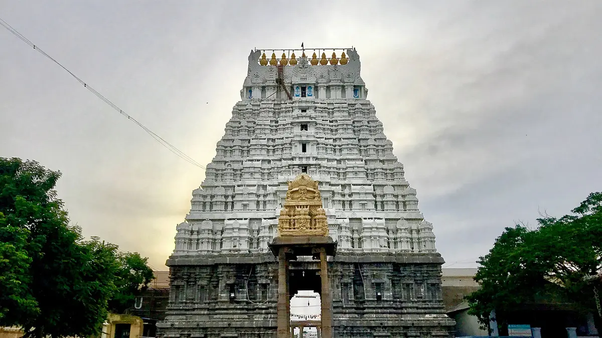 Sacred shrine entrance with traditional South Indian temple architecture