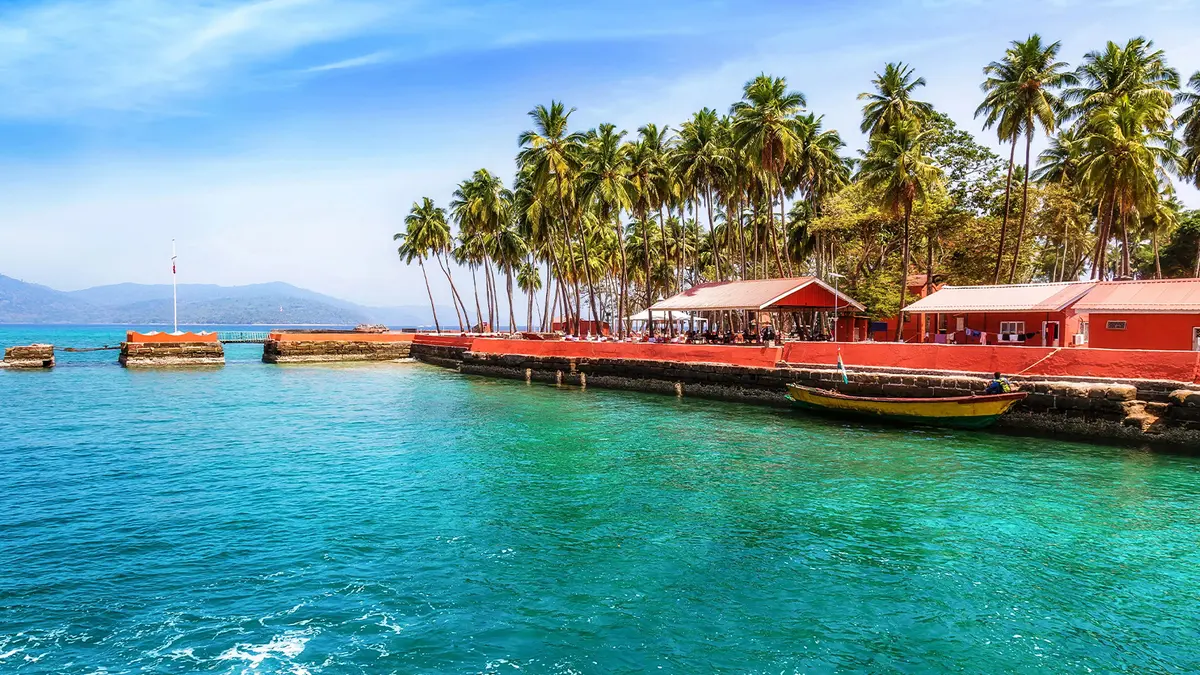 Palm-lined jetty and waterfront in the Andaman Islands