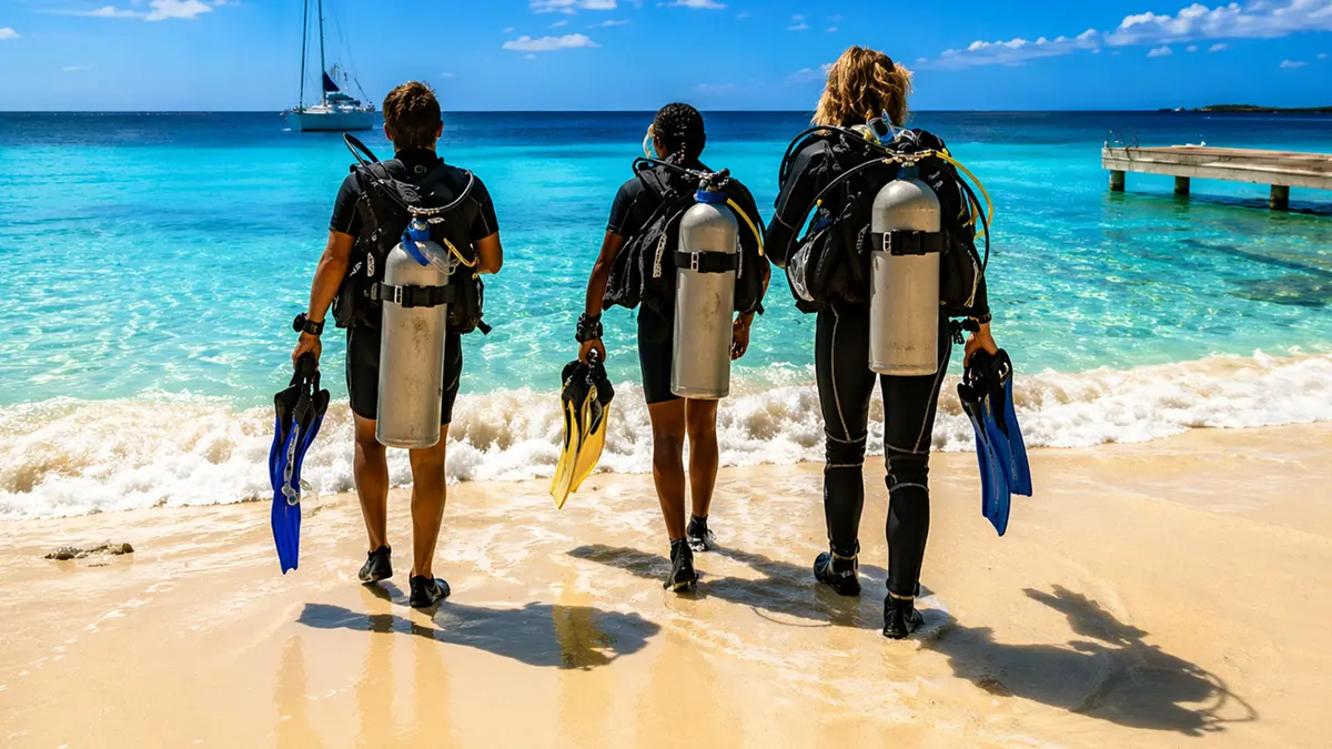 Tourists preparing for scuba diving on an Andaman beach