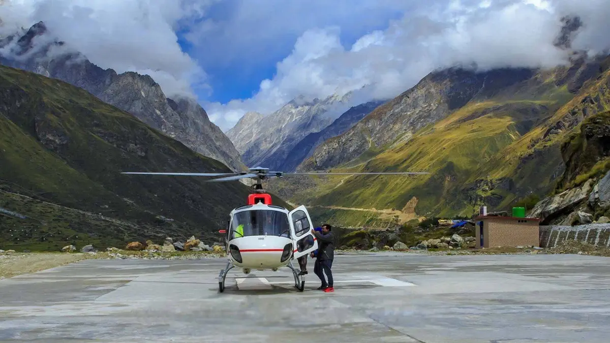 Helicopter landing at the Badrinath helipad in Uttarakhand