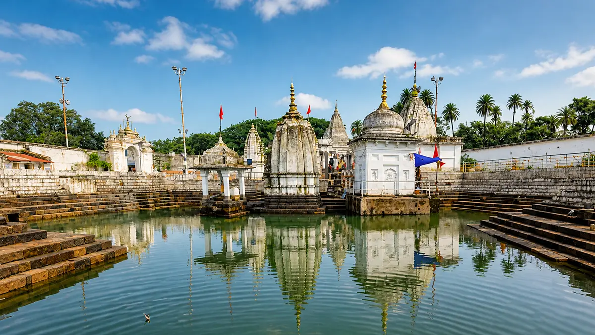 Ancient temple complex and sacred kund at Barman Ghat on the Narmada River