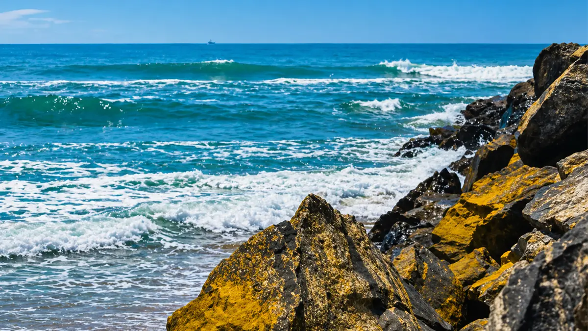 Rocky shoreline with crashing Bay of Bengal waves along India's scenic eastern coast