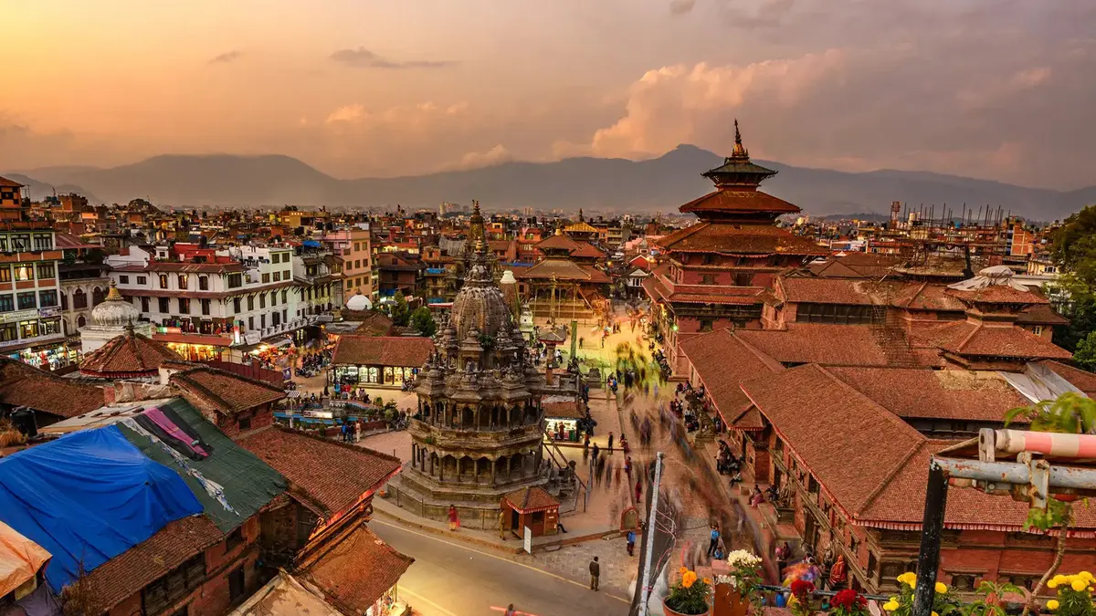 Sunset view of Bhaktapur Durbar Square with traditional pagoda temples