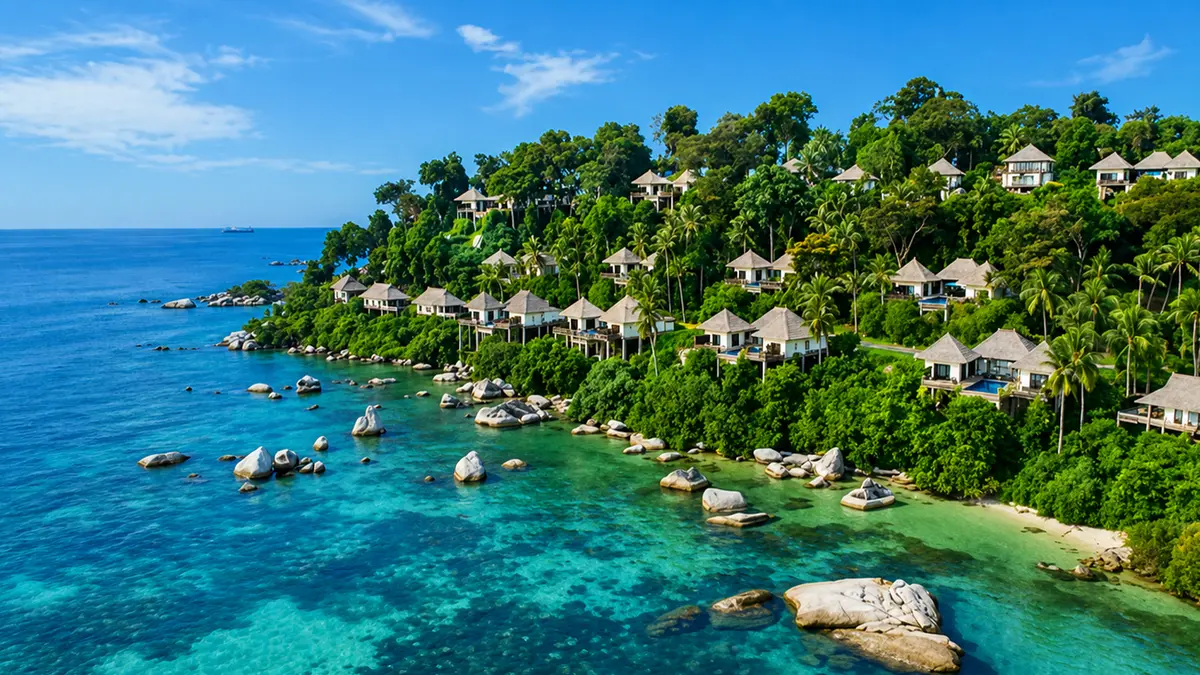 Luxury beachfront resort surrounded by tropical greenery on Bintan Island, Indonesia
