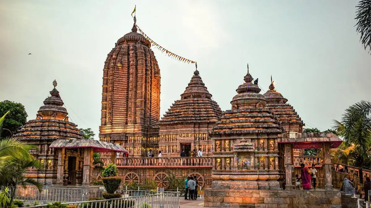 Ancient sandstone sanctuary featuring intricately carved towers and sacred structures