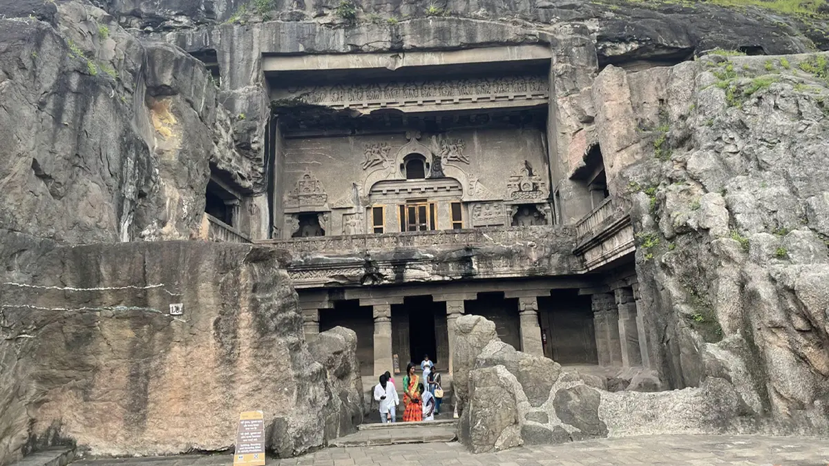 Rock-cut entrance of Cave 16 Kailasa Temple at Ellora