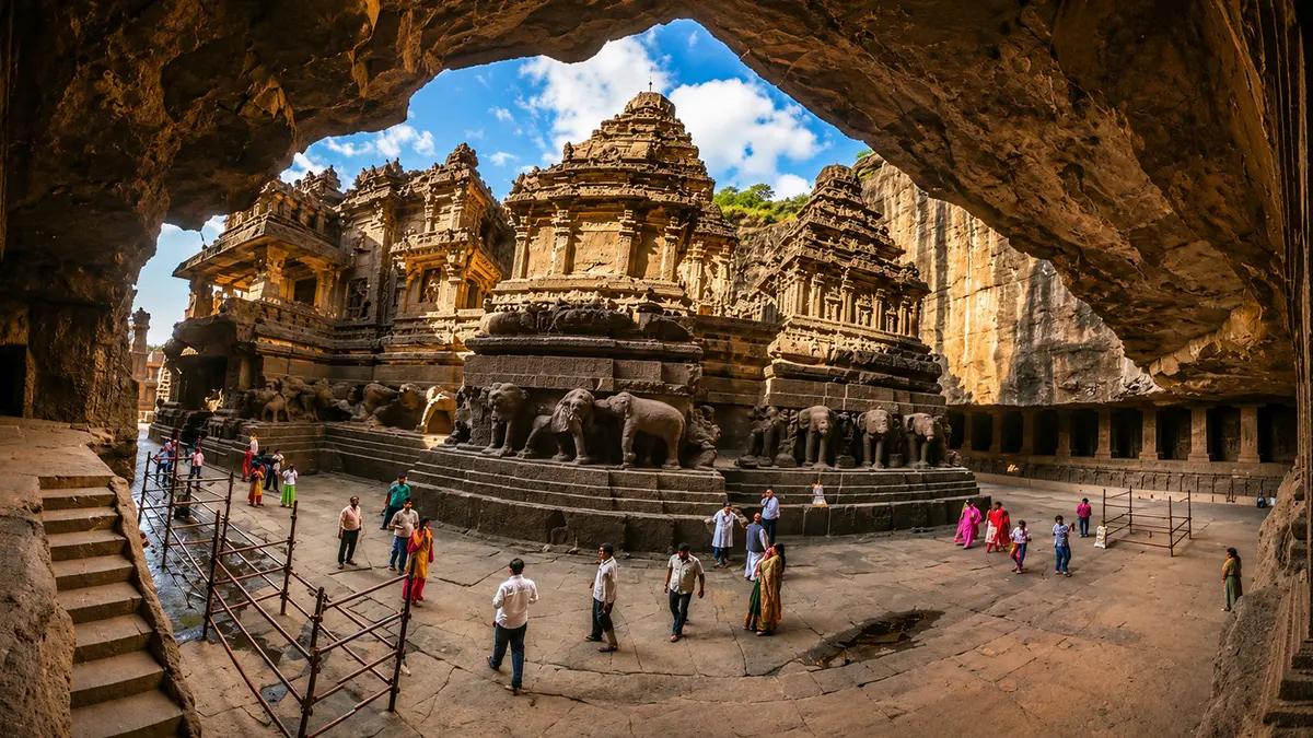 Magnificent temple ensemble viewed through a cave portal featuring elaborate stone carvings