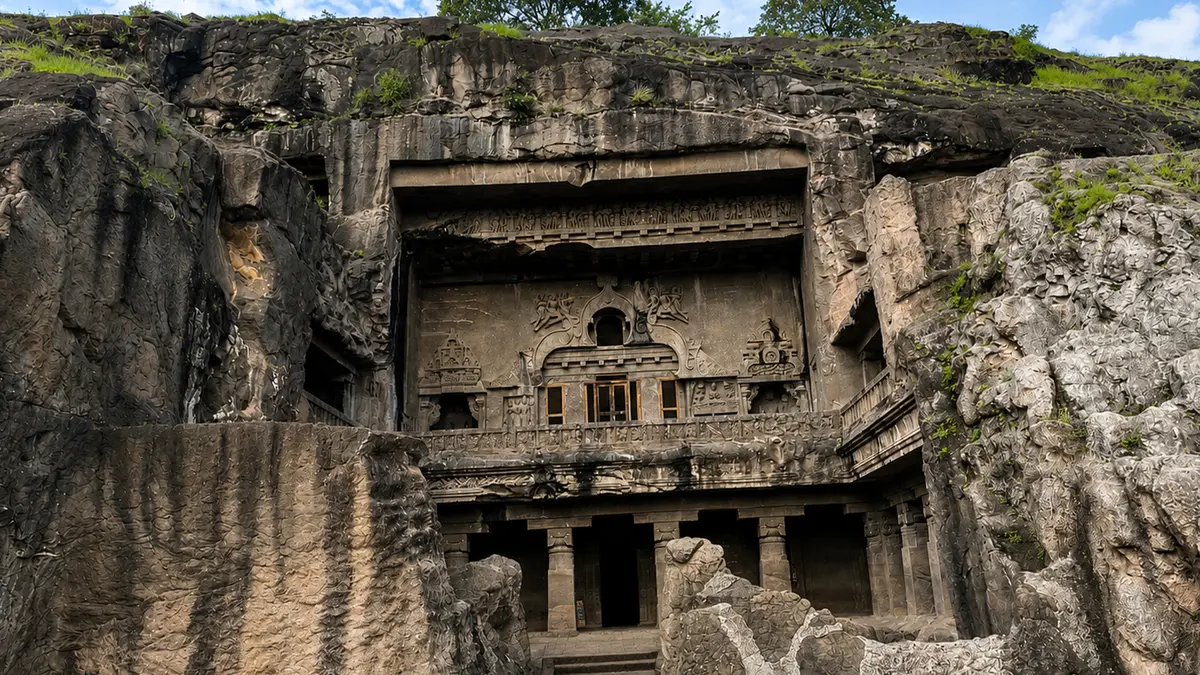 Ancient excavated monument carved directly into a towering cliff face of volcanic rock