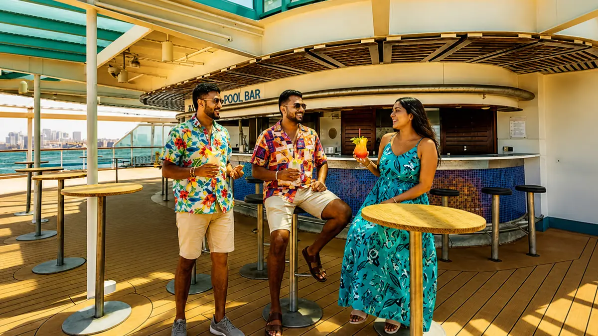 Guests enjoying refreshments at the open-air deck bar on the Cordelia Cruise