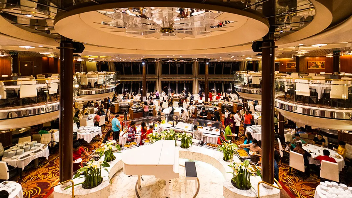 Elegant multi-cuisine dining restaurant inside the Cordelia Cruise ship
