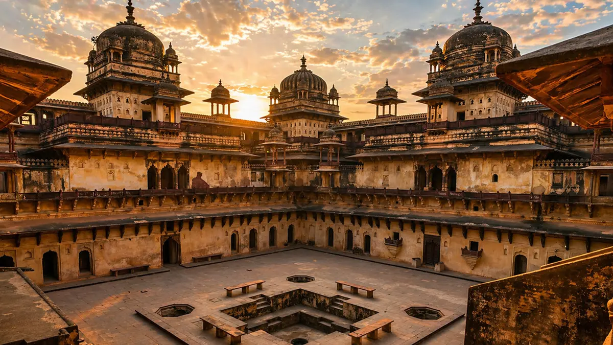 Historic fortress courtyard featuring elegant domes and royal architecture