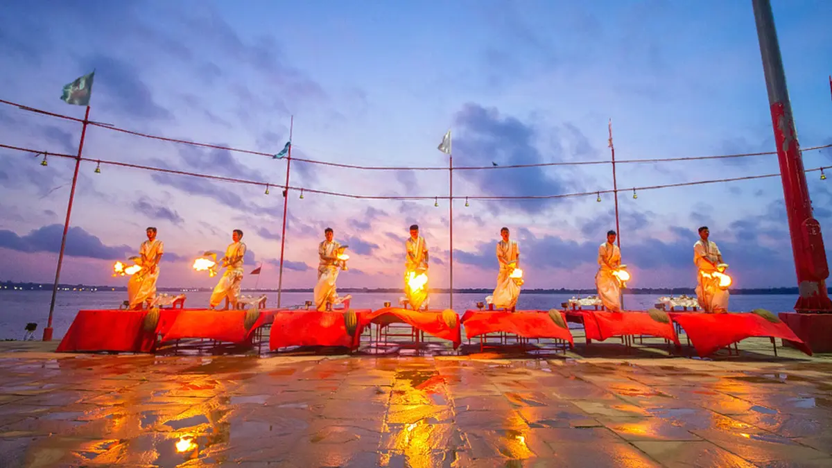 Evening Ganga Aarti ceremony at Dashashwamedh Ghat in Varanasi