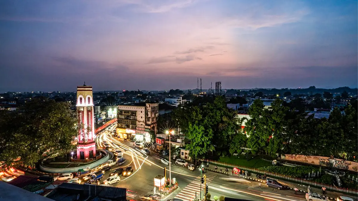 Dehradun Clock Tower illuminated during the evening in Uttarakhand